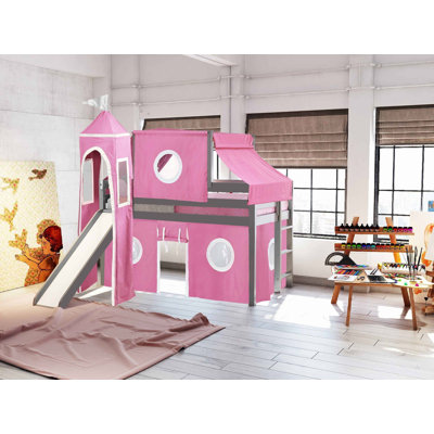 Johannes Solid Wood Twin Low Loft Bed with Ladder Slide Tent and Tower