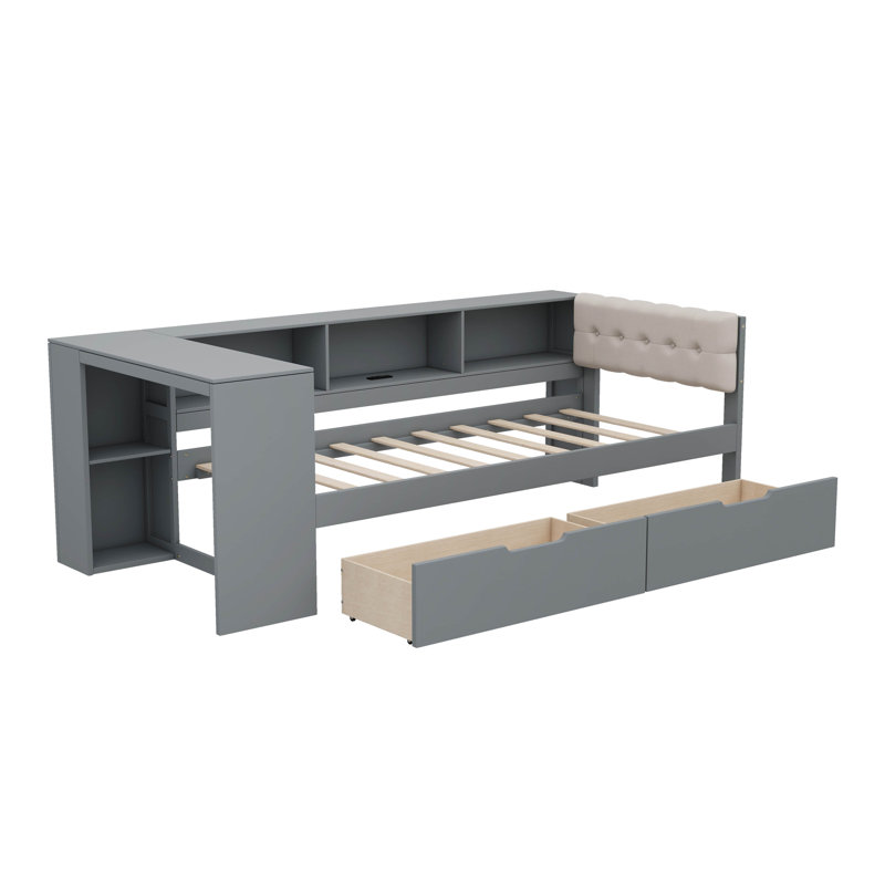Lit plateforme avec tablettes, tiroirs, prise de recharge et tête de lit tapissier en tissu, gris, Simple