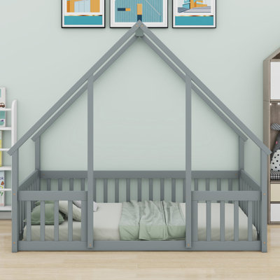Contemporary House‑Shaped Floor Bed Featuring Safety Fence And Guardrails