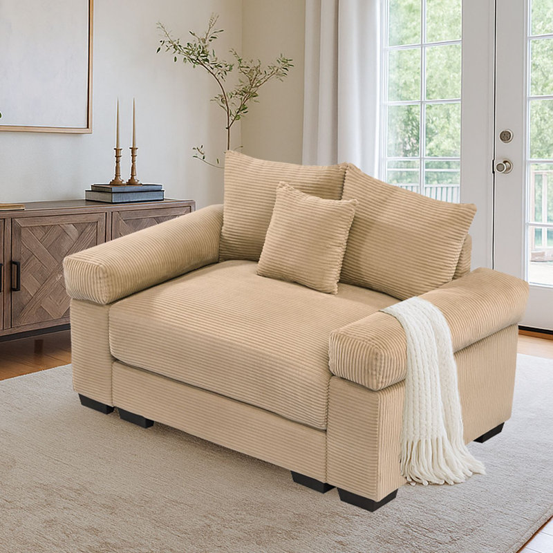 Fauteuil surdimensionné en velours côtelé avec 3 coussins décoratifs, accoudoirs souples et coussin à rebond élevé, Chameau