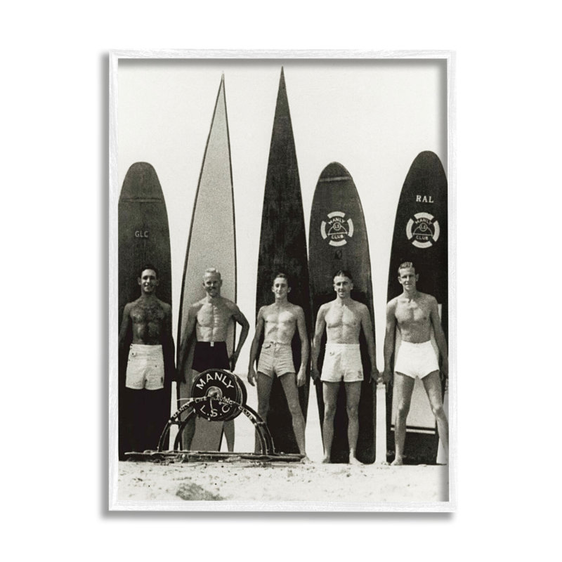 Photographie rétro, hommes surfeur, H 14 po x l 11 po x P 1,5 po, Giclée encadrée blanc bord de mer