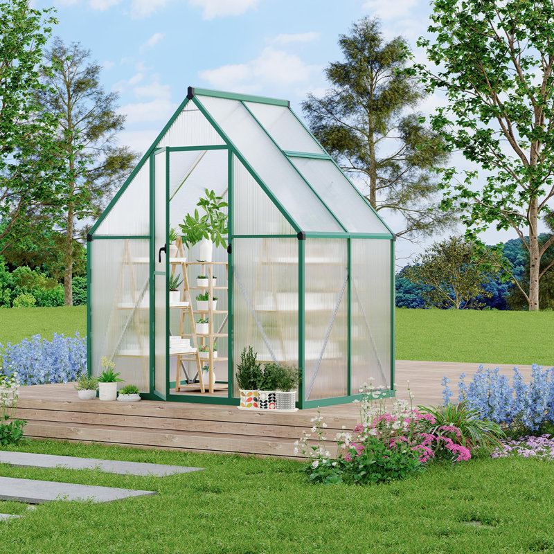 Walk-In Aluminum Greenhouse – 6x4FT with Polycarbonate Panels – Heavy Duty Frame, Quick Setup, Roof Vent, Weather Resistant for Garden, Backyard, Patio (Green)