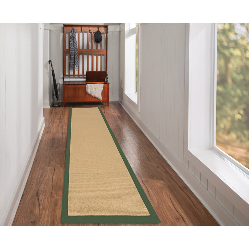 Nannette Handmade Medium Beige Berber with Green Cotton Border Made in the USA Area Rug, Runner 2'6" x 12'