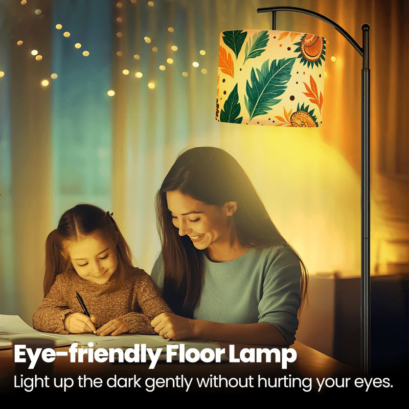 Lampe sur pied à arc avec abat-jour réglable Botanical Spring Decor Vibrant Leaves Flowers Warm Tones Lampadaire