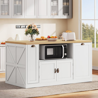 63" Kitchen Island with Storage, Spice Rack, Trash Bin & Power Outlet
