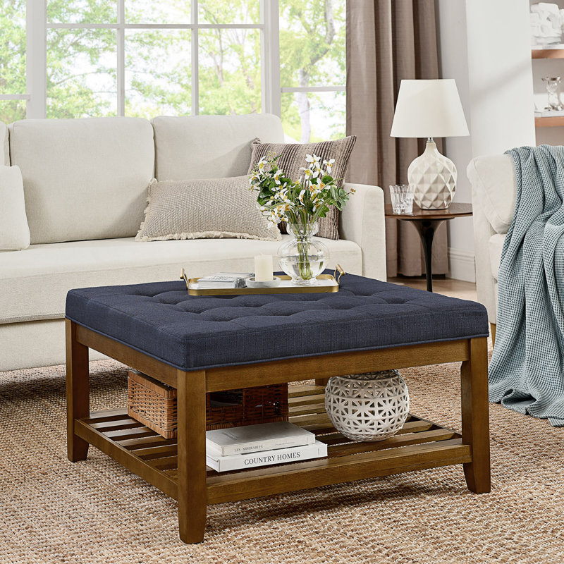 Grande table basse rembourrée en lin capitonné avec tablette en bois de hêtre, Marine