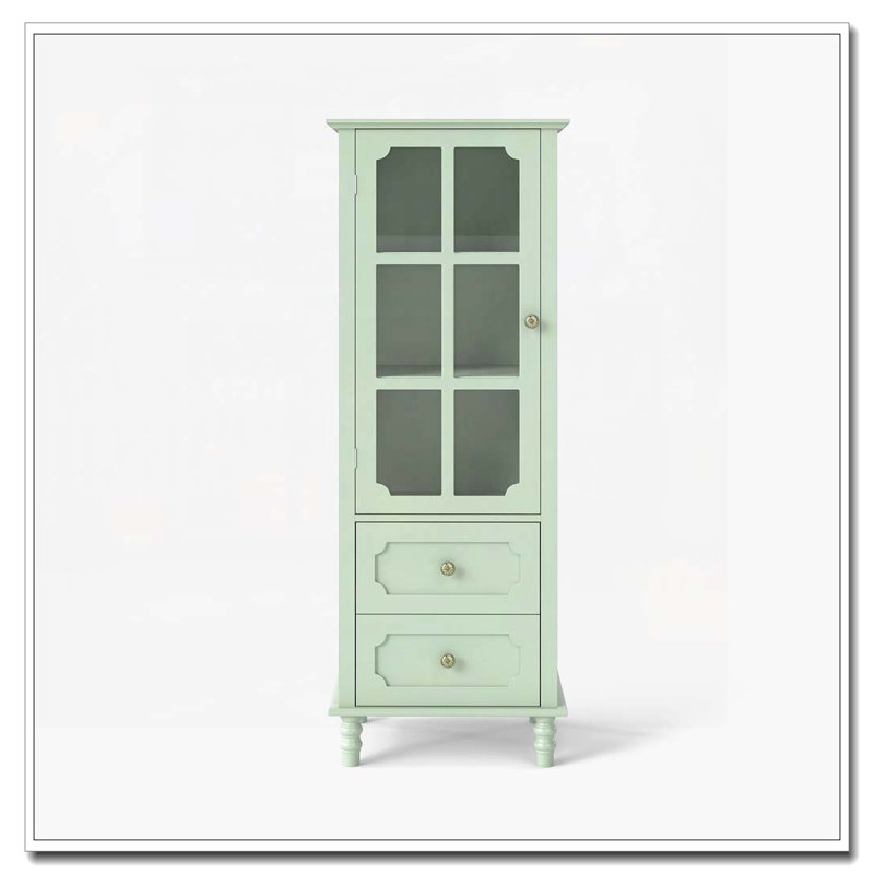 Arched Cabinet with Glass Doors and Double Drawer, Mint Green