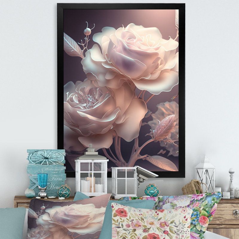 «Ethereal Soft Blossoming Pink Rose IV», reproduction sur toile, Cadre photo noir, H 20 po x l 12 po x P 1 po