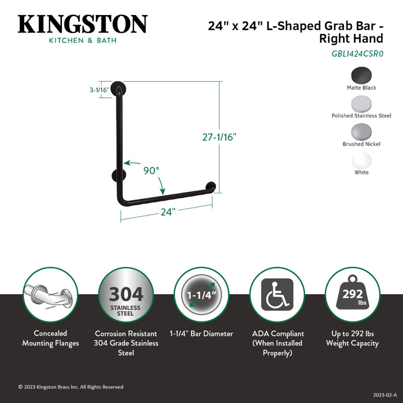 Kingston Brass Made To Match 24-Inch X 24-Inch L-Shaped Grab Bar, 1-1/4 Inch O.D, Right Hand, Matte Black