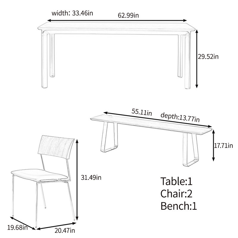 High quality solid wood table set, 29.52"H x 62.99"L x 33.46"W
