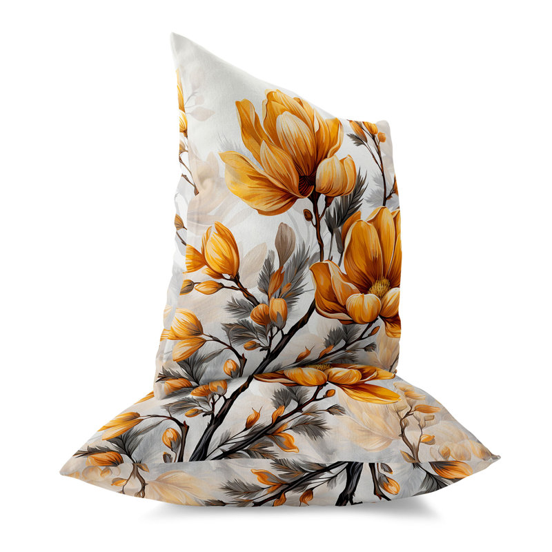 Vibrant Orange and Gray Floral Reversible Throw Pillow