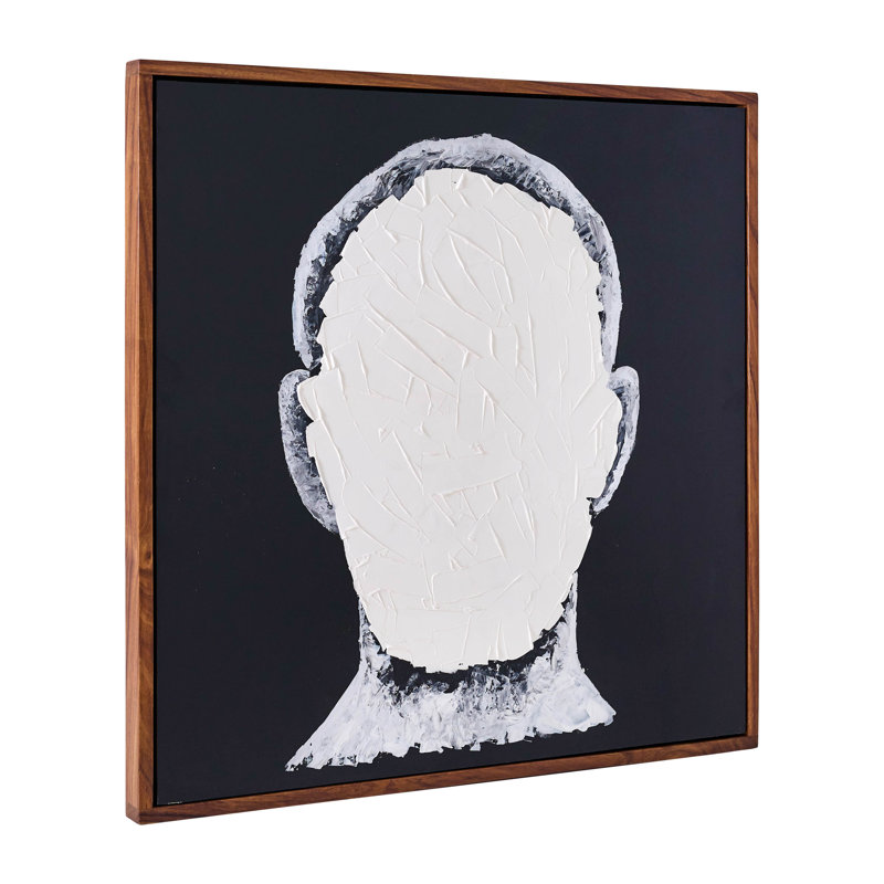 «Blank Face», art contemporain peint à la main, blanc et noir, cadre en bois de parota, l 47 po x P 3 po x H 47 po