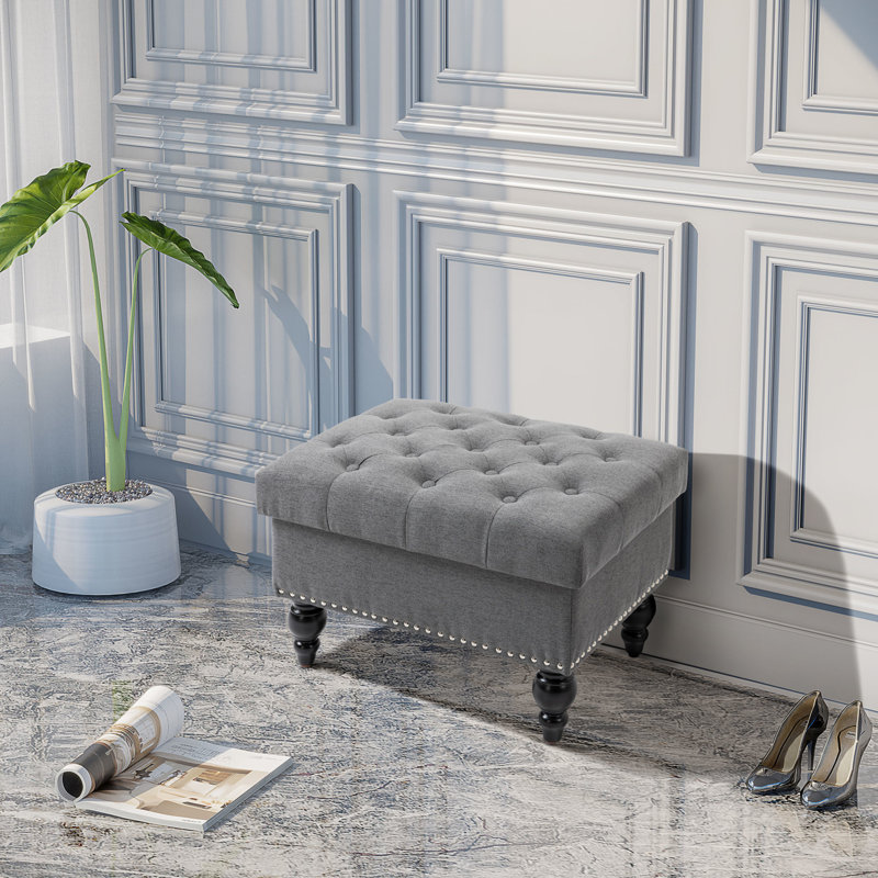 Bouton en lin gris avec couvercle amovible, banc de 25 po pour repose-pieds et siège, garniture cloutée