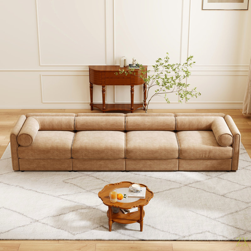 Canapé modulaire modulaire avec rangement, dossier cylindrique et accoudoirs, Chenille brun