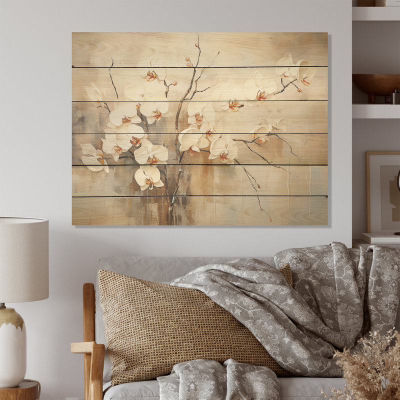 Beige Orchid Blooming - Orchids Wood Art On Natural Pine Wood, 30" H x 40" W