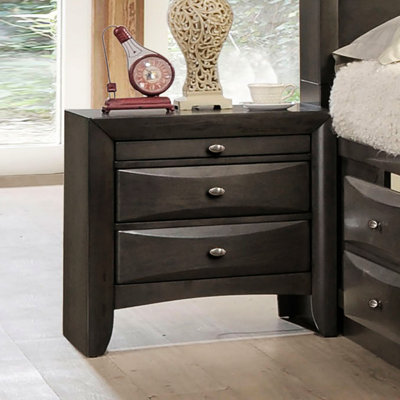 Armoire de chevet transitionnelle grise 1 pièce, 2 tiroirs, bois massif et d'ingénierie, poignées ovales en nickel, tiroir supérieur doublé de feutre, décoration de chambre à coucher, addition