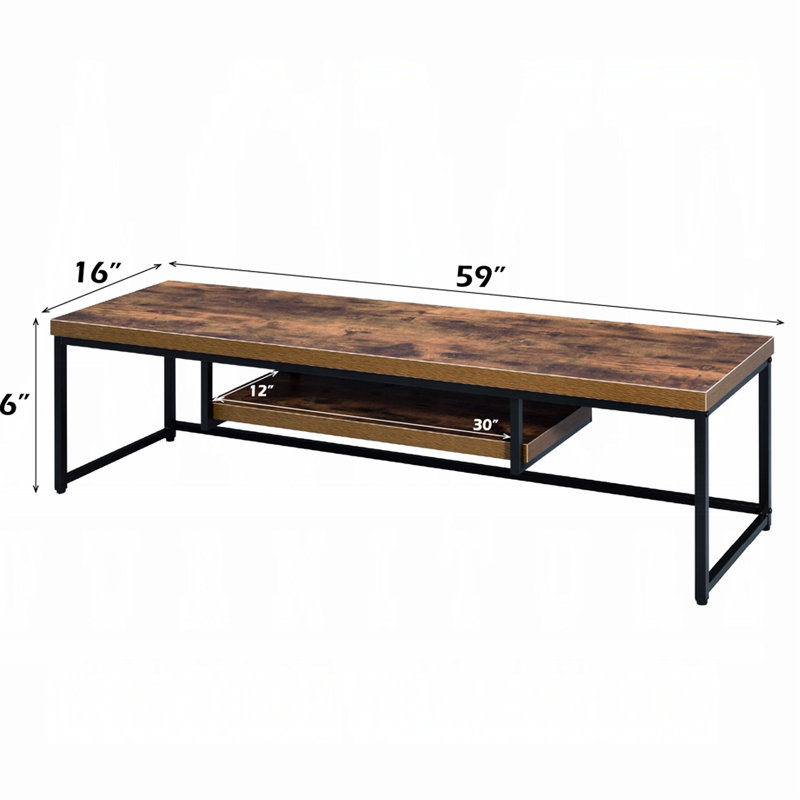Meuble télé de style industriel, piètement en métal noir et dessus en chêne vieilli, 1 tablette pour écran plat de 60 pouces, profondeur 40 cm - Structure finie et haute