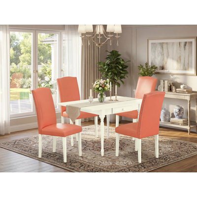 5 Piece Dinette Set Includes a Rectangle Dining Room Table with Dropleaf and 4 Pink Flamingo Faux Leather Upholstered Chairs, Linen White