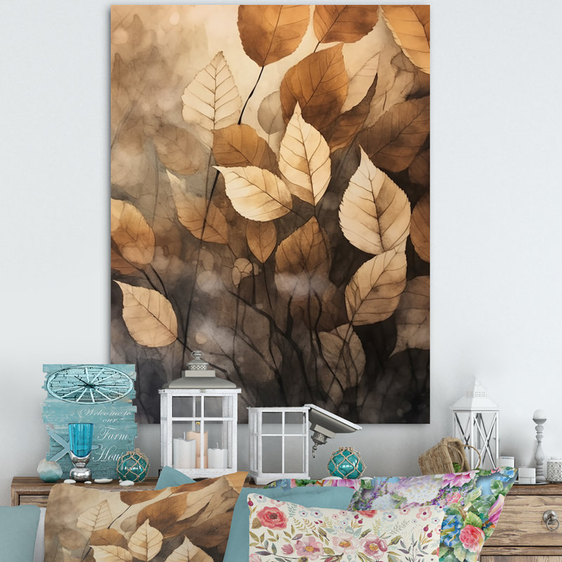 Art mural sur toile botanique, impression de feuille beige brun - Harmonie des feuilles beige brun, Toile tendue