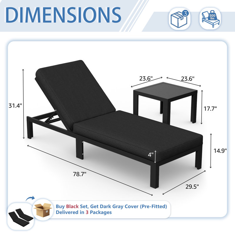 4-Piece Outdoor Aluminum Chaise Lounge Set with Adjustable Backrests, Side Tables and Cushions, Black