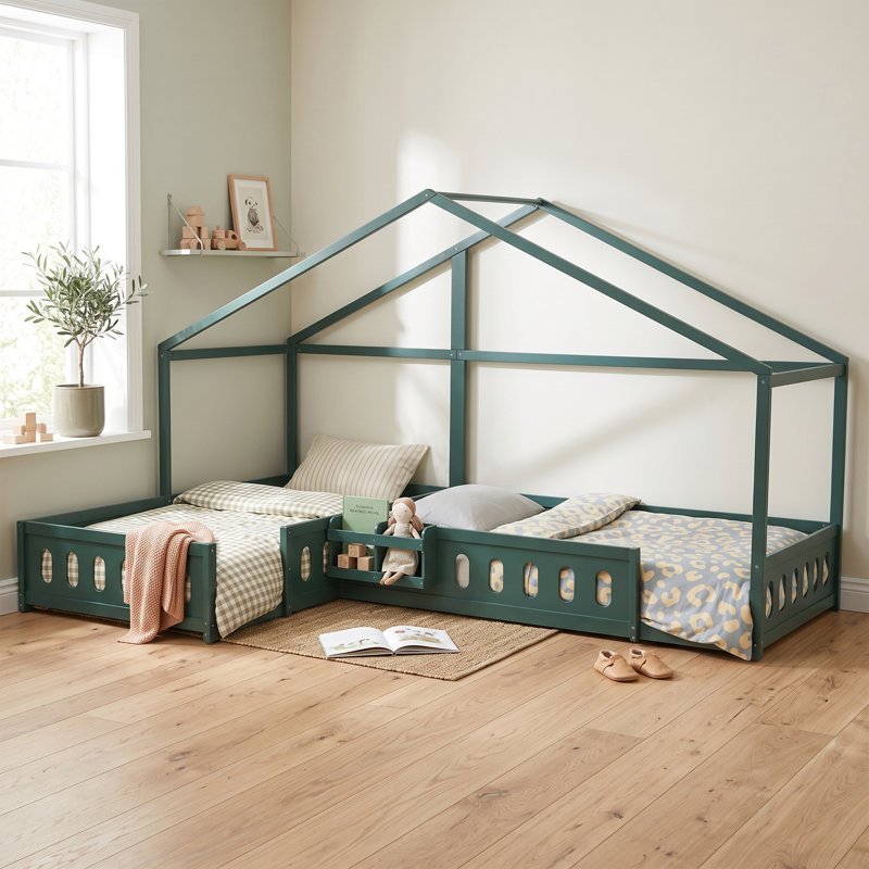 Lit simple en bois en forme de L avec garde-corps de sécurité, base de lit moderne, vert foncé