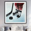 Jeune joueur de hockey - décor imprimé mat bleu encadré neige