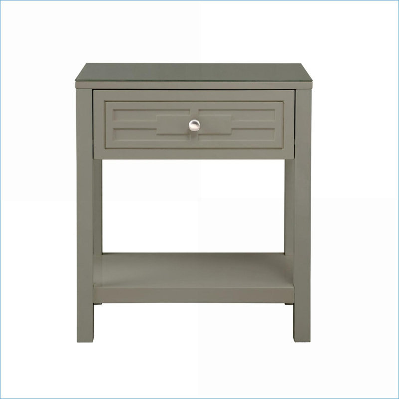 Table de chevet en bois taupe 23 po avec plateau en verre et tiroir Dylan, Beige
