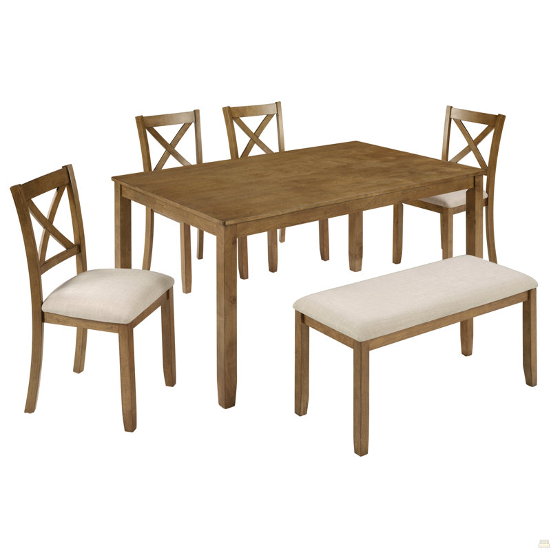 Ensemble de table de salle à manger en chêne 6 pièces - Grande table rectangulaire avec banc rembourré et 4 chaises à dossier en X, structure en bois d'hévéa massif, mobilier de cuisine de ferme pour les dîners de famille et les rassemblements