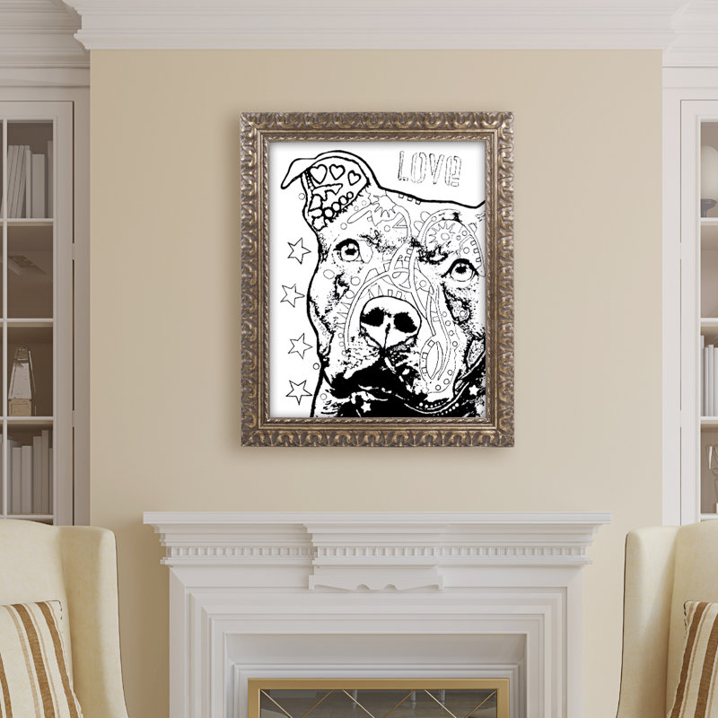" Thoughtful Pitbull CB 1 " by Dean Russo, 20" H x 16" W x 0.5" D, Black Framed, White