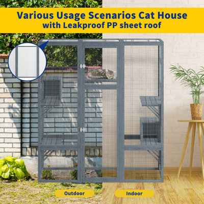 Enceinte d'extérieur pour chat 70 po 70 po, grande enceinte d'extérieur pour chat avec 7 plateformes, 2 salles de repos, parc pour chat avec toit imperméable et protection contre les rayons UV