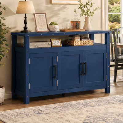 55.1" Sideboard Cabinet with 3 Doors and Open Shelf, Farmhouse Buffet Credenza with Solid Wood Frame, Metal Handles and Rivet Accents, Navy Blue