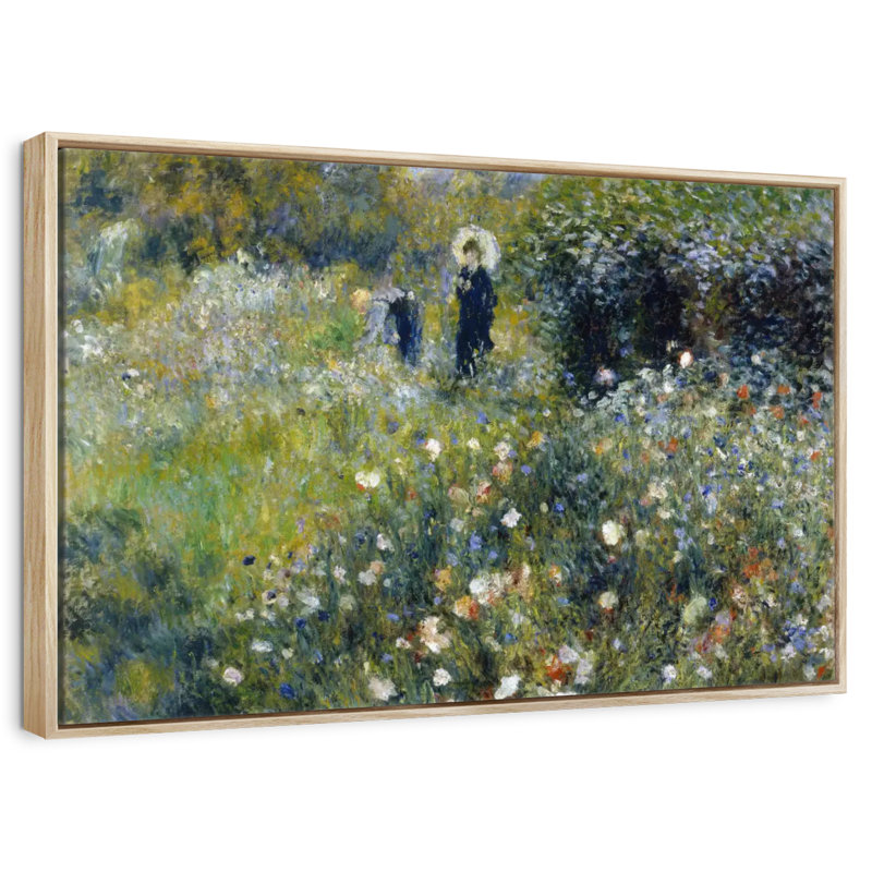 Femme avec un parasol dans un jardin, Cadre flottant en bois naturel, 13 po x 9 po
