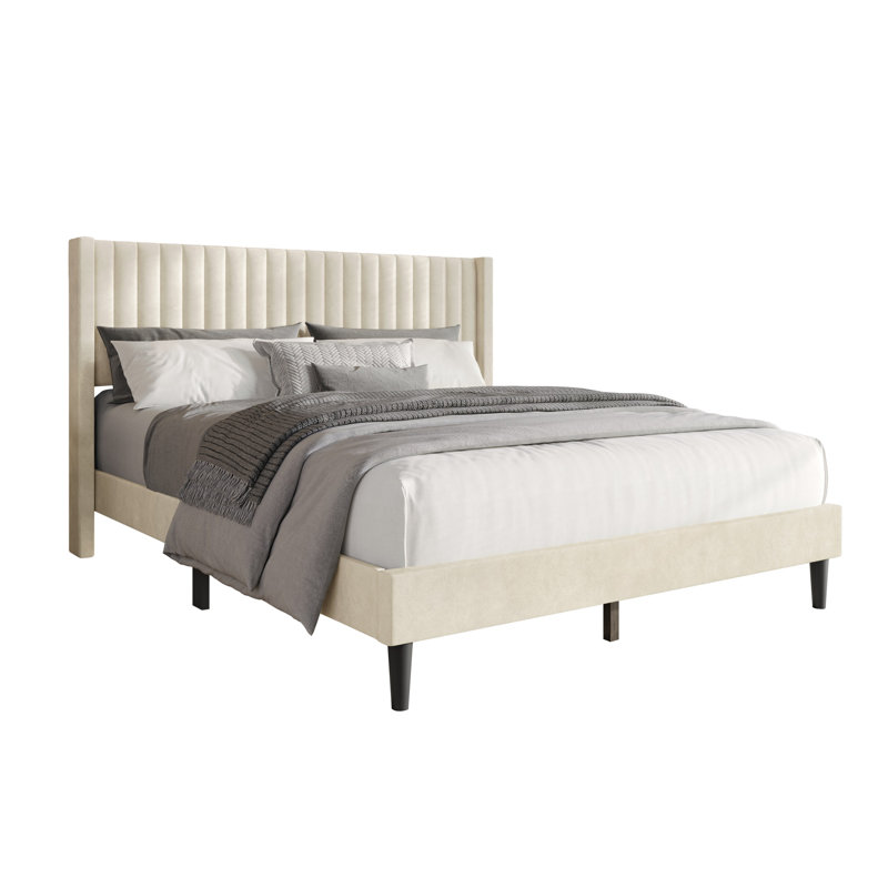 Grand lit plateforme à oreilles tapissier Montrose, Beige, Queen