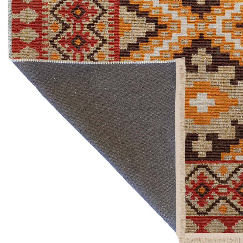 Multi-Coloured Ethnic Traditional Motif Patterned Fringed Vintage Decorative Rug, Runner 3'3.37" x 6'6.74"