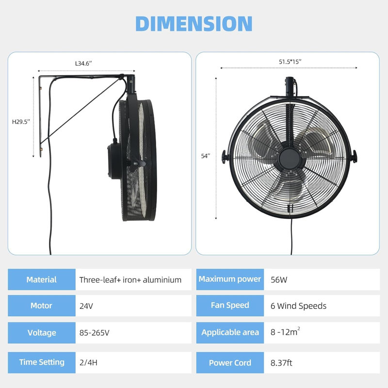 Smart Wall Mount Fan With Light, 6 Speeds APP & Remote Control, 3 Colour Temps Stepless Dimming, Bidirectional Reversible Airflow , For Garage Workshop Patio