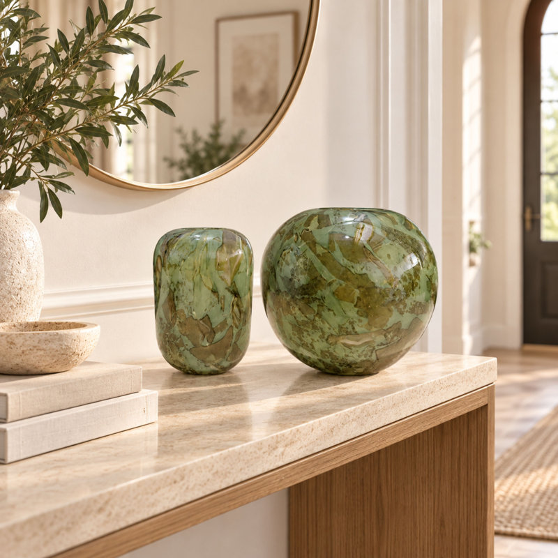 Set of 2 Handblown Glass Table Vases, Sea Green with Light Brown Abstract Design