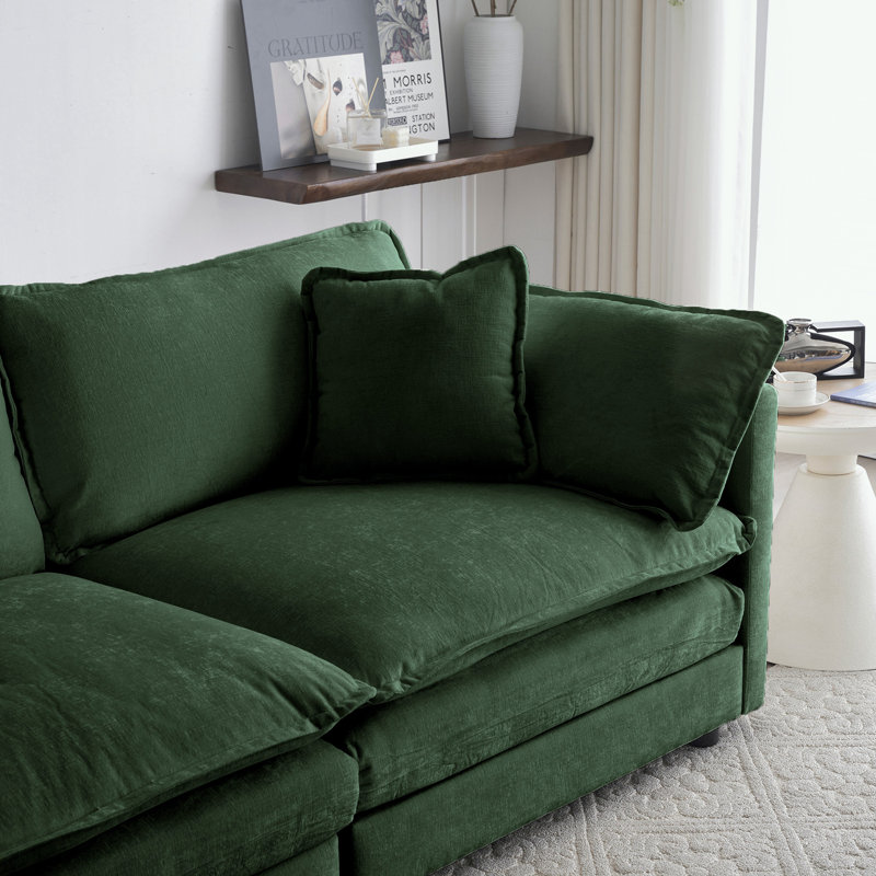Tomica Mid-Century Modern Sectional Base Sofa with Removable Pillows Solid Wood Frame and Quick Assembly, Green Chenille, 3