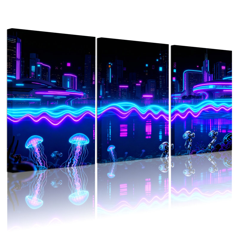 Ensemble de 3 tableaux sur toile représentant un paysage urbain néon avec méduses et robots, H 18 po x l 36 po