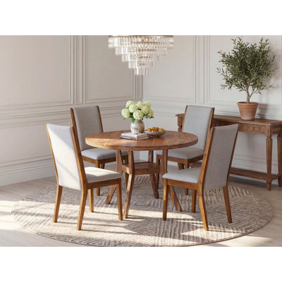 Ensemble de cuisine moderne 5 pièces comprenant une table à piédestal et 4 chaises de cuisine en tissu de lin gris avec dossier haut - Noyer antique