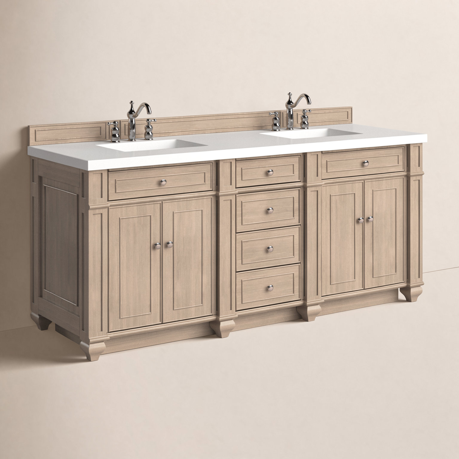 Calisto 72" Double Bathroom Vanity, Whitewashed Walnut, White Zeus, 8" Widespread
