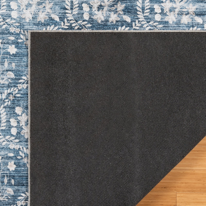Rayna Vela Navy Blue Ivory Gray Machine Washable Transitional Leaf Floral Border Indoor Area Rug, Flat Pile for Living Room & Bedroom - Navy, 5x7