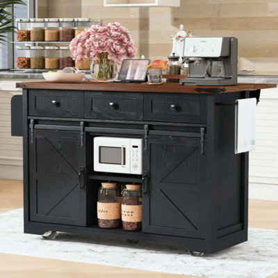 Îlot de cuisine de ferme avec prise de courant, 2 îlots de rangement pour porte de grange coulissante avec abattant, support à épices sur roulettes, pour la maison, la cuisine et la salle à manger
