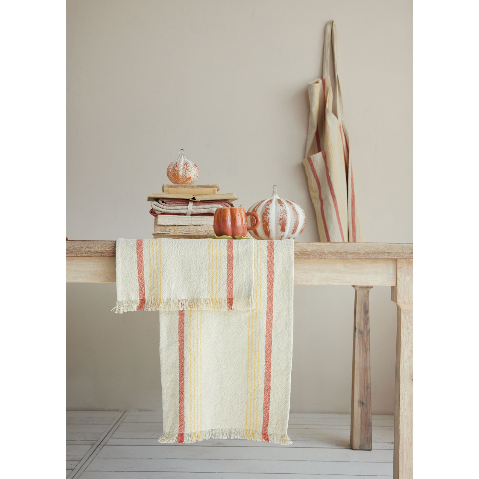 Woven Cotton Striped Table Runner W Fringe