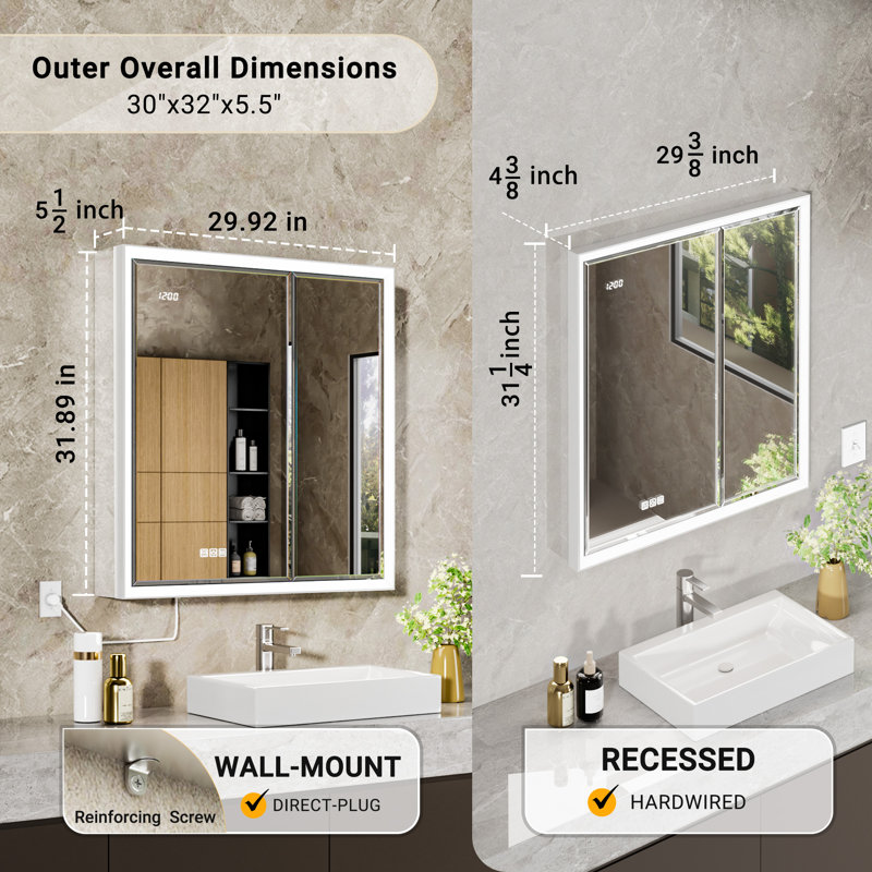 30X32" Beveled LED Medicine Cabinet With Anti-Fog Mirror – Surface/Recessed Mount, Dimmable Lights, Outlet, Clock & Sensor Light
