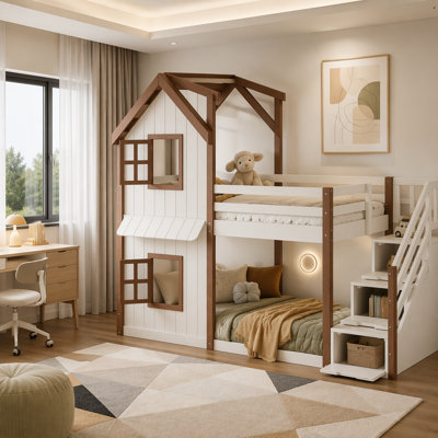 House Bunk Bed with Storage Stairs, Kids Playhouse Bunk Bed with Roof and Windows, Solid Wood Bed Frame with multifunctional Lower Space