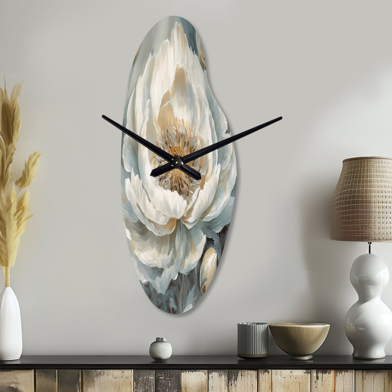 Diop - Curved Shape Decorative White Peonies Wall Clock, Grand