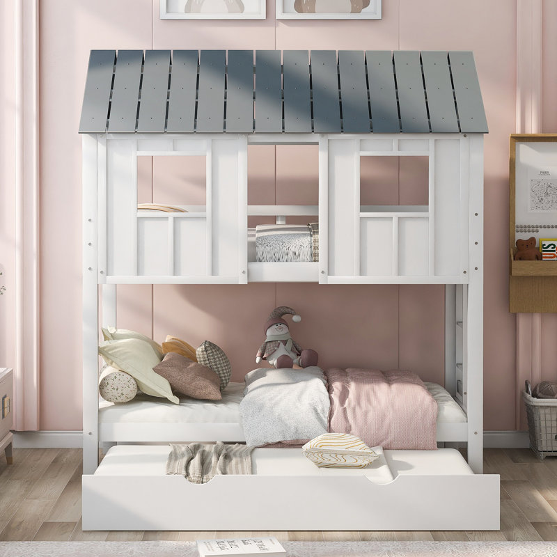 Lit superposé House avec lit gigogne, toit et fenêtres