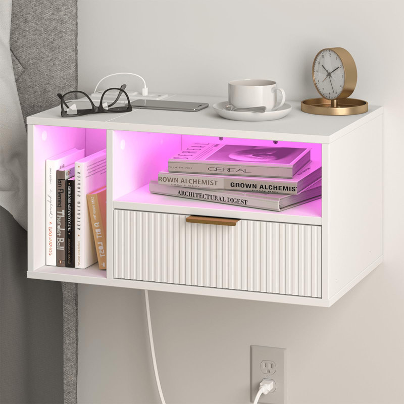 Floating Nightstand With Charging Station And LED Light,, White