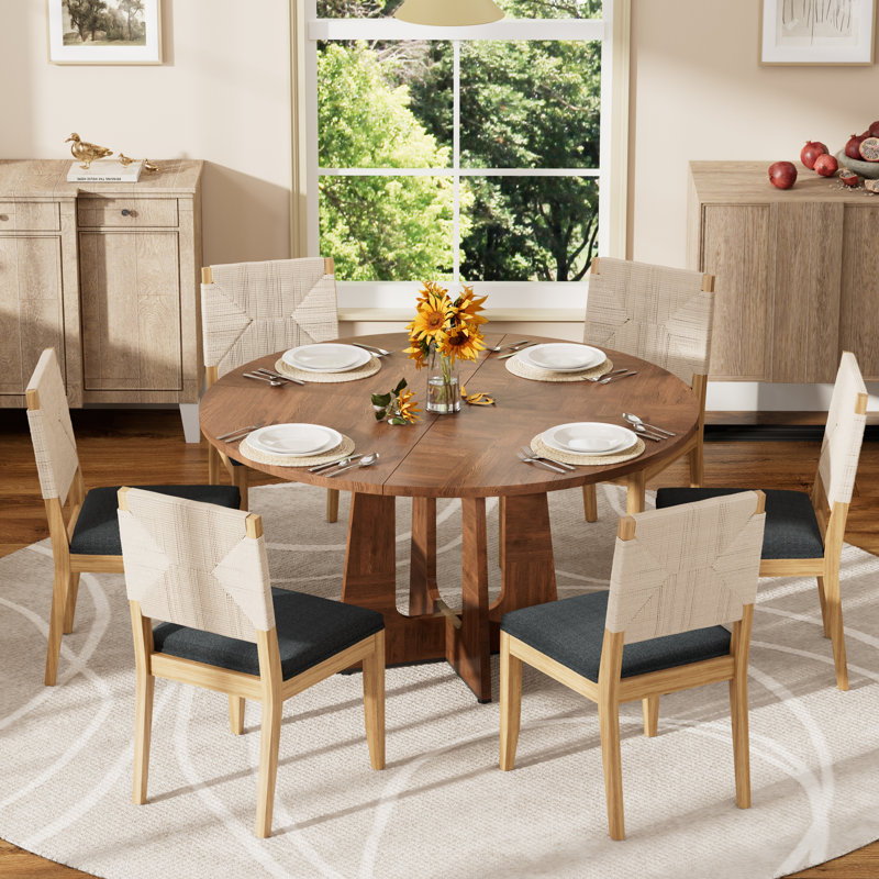 Table de salle à manger ronde 47,24 po en bois aggloméré avec chaises en lin tissé 4/6 po, Farmhousefor Kitchen, Noyer, Noir