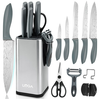 Ensemble de 10 couteaux de cuisine avec bloc en acier inoxydable, ensemble de couteaux de cuisine allant au lave-vaisselle, motif damas haut de gamme